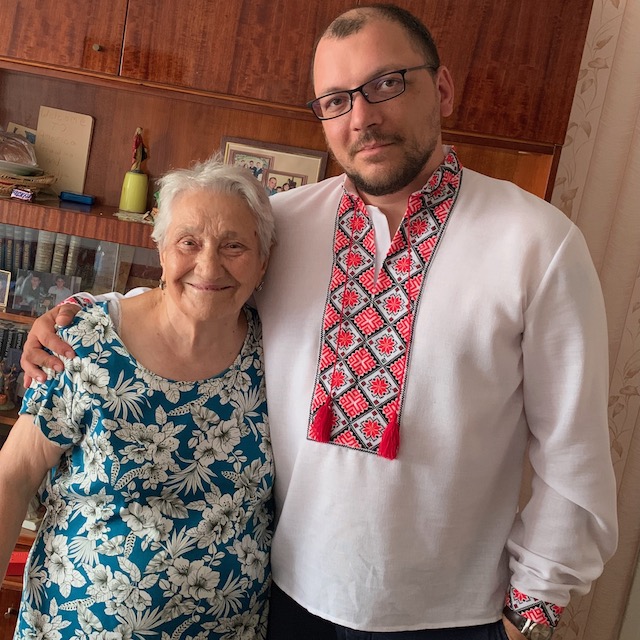 me and my grandmother, Valentina Rytenko at her house in Ukraine with me wearing a Vishivanka